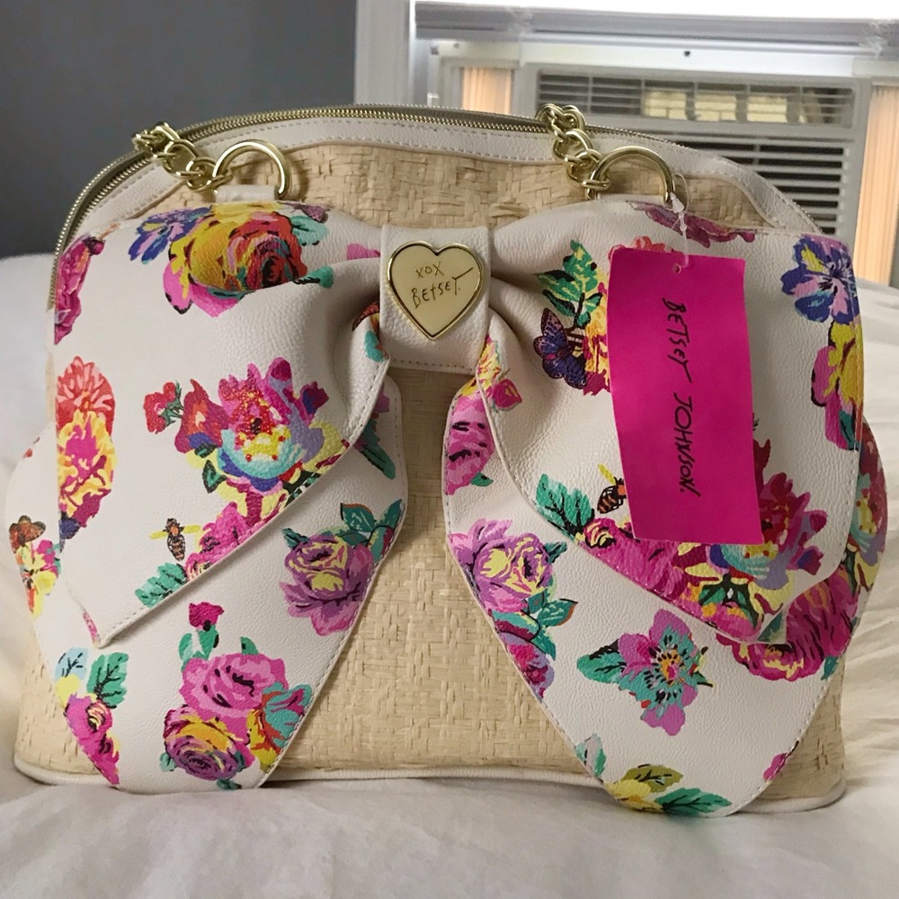 Betsey Johnson Basketweave w/Floral Bow Handbag